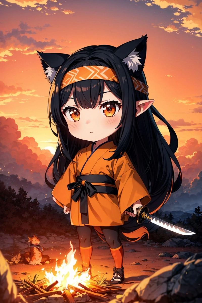 夕焼けと剣士にゃん