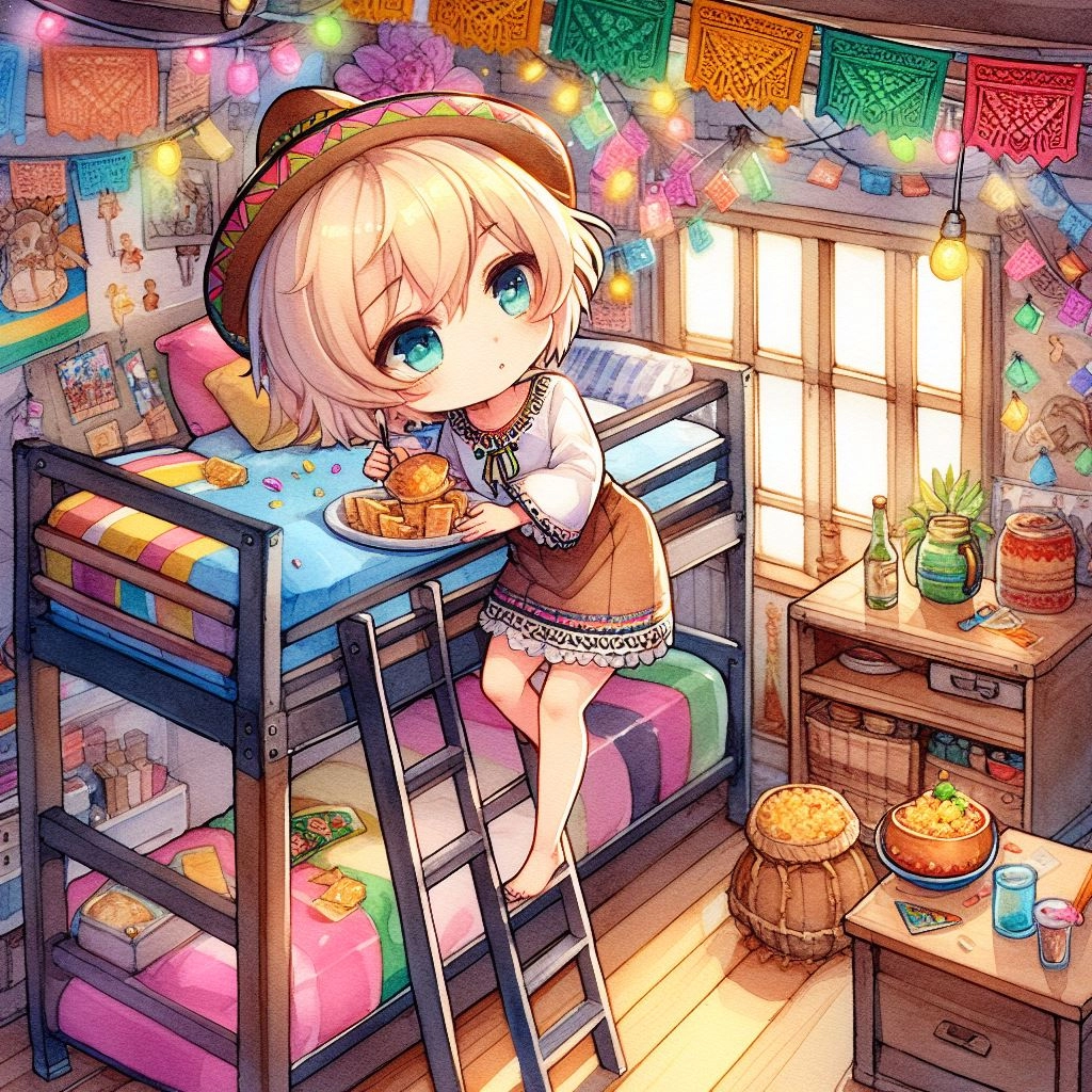 メキシコのガーランドなどが飾ってある部屋に住む少女。