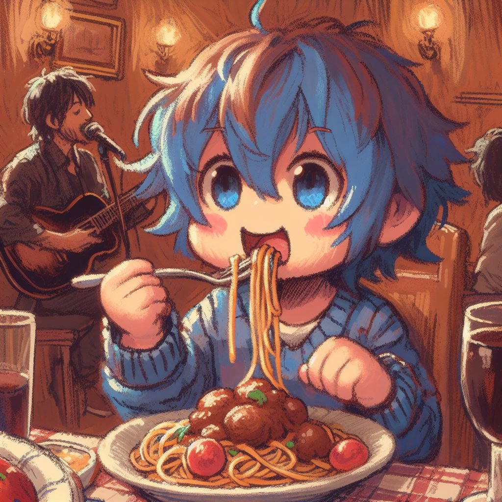 音楽をたのしみながらパスタを頂く人