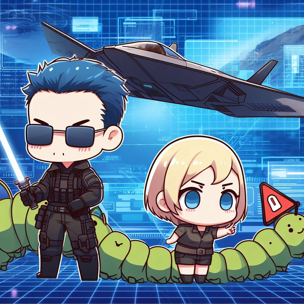 サイバー空間でバグ退治をする人々のイメージ。