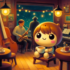 音楽を聴きながらお茶を愉しんでいるゆるっとしたキャラクター。