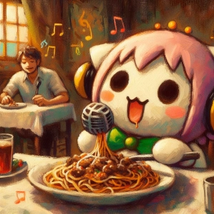 音楽をたのしみながらパスタを頂く人