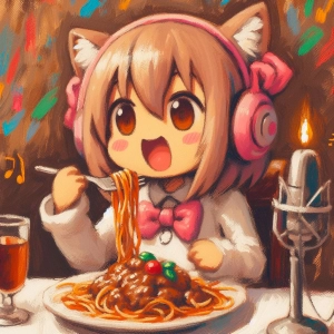 音楽をたのしみながらパスタを頂く人